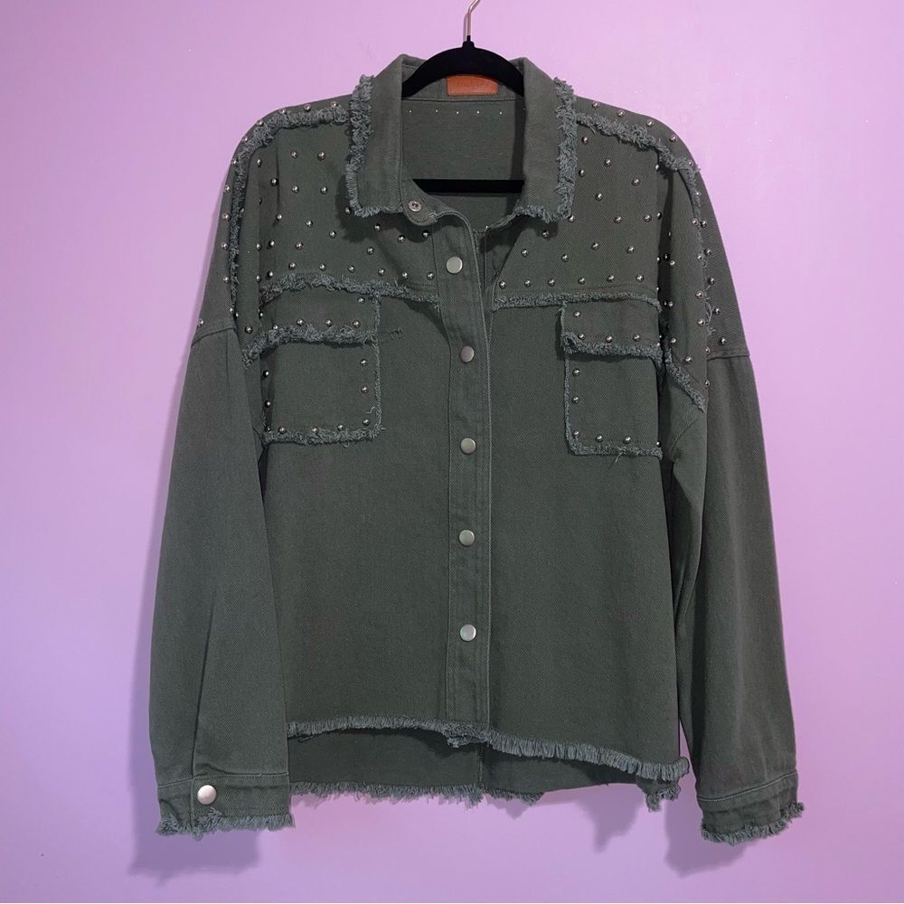 Umgee Green Studded Jean Jacket Womens Size L Boho Edgy Punk Forest